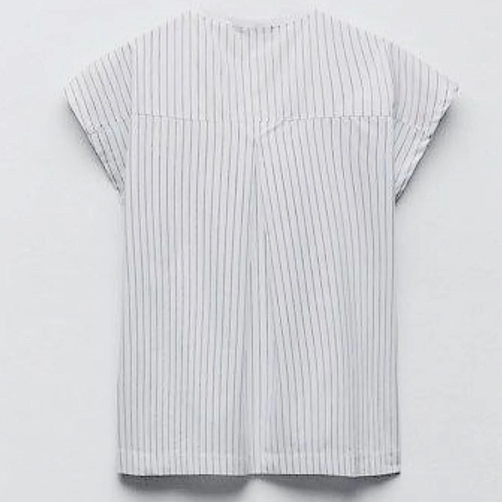 Zara NEW Cotton Poplin Stripe Side Button Vneck Tee Size Small Black/White - Picture 2 of 12
